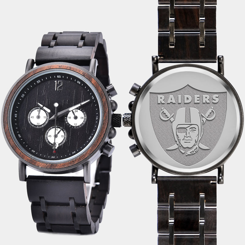 Las Vegas Raiders Mens Wrist Watch  - Personalized Las Vegas Raiders Mens Watches - Custom Gifts For Him, Birthday Gifts, Gift For Dad - Best 2022 Las Vegas Raiders Christmas Gifts - Black 45mm NFL Wood Watch - By Engraved In Nature