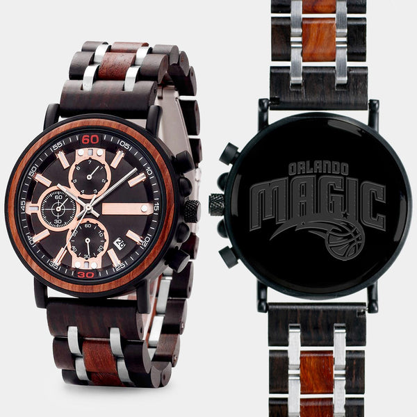 Orlando Magic Mens Wrist Watch  - Personalized Orlando Magic Mens Watches - Custom Gifts For Him, Birthday Gifts, Gift For Dad - Best 2022 Orlando Magic Christmas Gifts - Black 45mm NBA Wood Watch - By Engraved In Nature