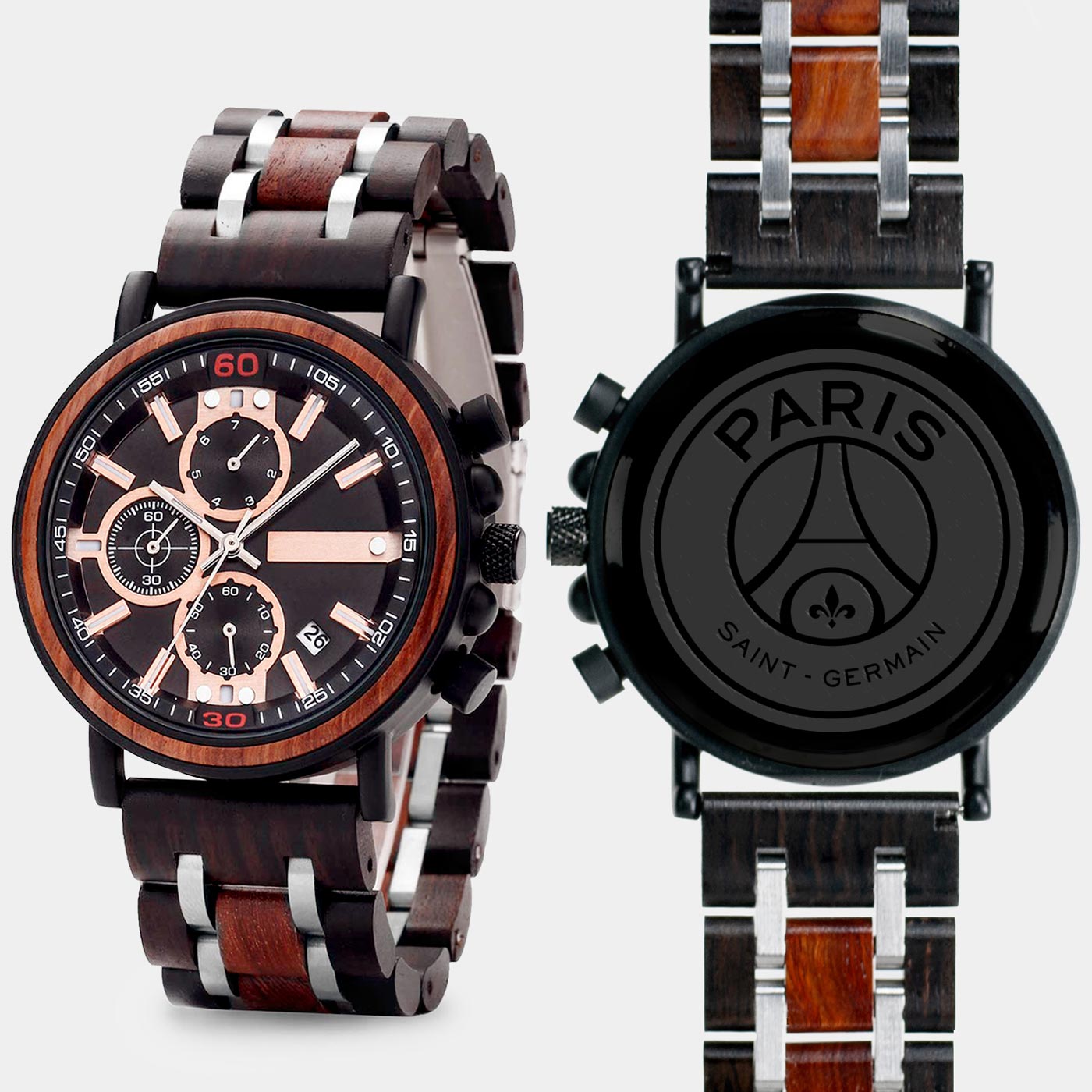 Paris Saint Germain F.C. Mens Wrist Watch  - Personalized Paris Saint Germain F.C. Mens Watches - Custom Gifts For Him, Birthday Gifts, Gift For Dad - Best 2022 Paris Saint Germain F.C. Christmas Gifts - Black 45mm FC Wood Watch - By Engraved In Nature