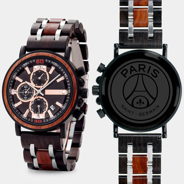 Paris Saint Germain F.C. Mens Wrist Watch  - Personalized Paris Saint Germain F.C. Mens Watches - Custom Gifts For Him, Birthday Gifts, Gift For Dad - Best 2022 Paris Saint Germain F.C. Christmas Gifts - Black 45mm FC Wood Watch - By Engraved In Nature
