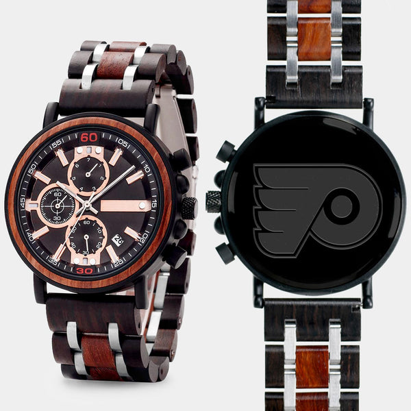 Philadelphia Flyers Mens Wrist Watch  - Personalized Philadelphia Flyers Mens Watches - Custom Gifts For Him, Birthday Gifts, Gift For Dad - Best 2022 Philadelphia Flyers Christmas Gifts - Black 45mm NHL Wood Watch - By Engraved In Nature
