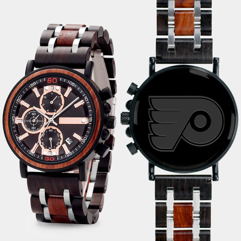 Philadelphia Flyers Mens Wrist Watch  - Personalized Philadelphia Flyers Mens Watches - Custom Gifts For Him, Birthday Gifts, Gift For Dad - Best 2022 Philadelphia Flyers Christmas Gifts - Black 45mm NHL Wood Watch - By Engraved In Nature