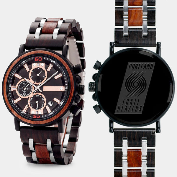 Portland Trail Blazers Mens Wrist Watch  - Personalized Portland Trail Blazers Mens Watches - Custom Gifts For Him, Birthday Gifts, Gift For Dad - Best 2022 Portland Trail Blazers Christmas Gifts - Black 45mm NBA Wood Watch - By Engraved In Nature