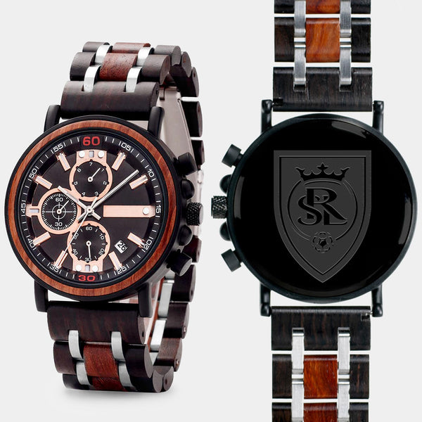 Real Salt Lake Mens Wrist Watch  - Personalized Real Salt Lake Mens Watches - Custom Gifts For Him, Birthday Gifts, Gift For Dad - Best 2022 Real Salt Lake Christmas Gifts - Black 45mm MLS Wood Watch - By Engraved In Nature