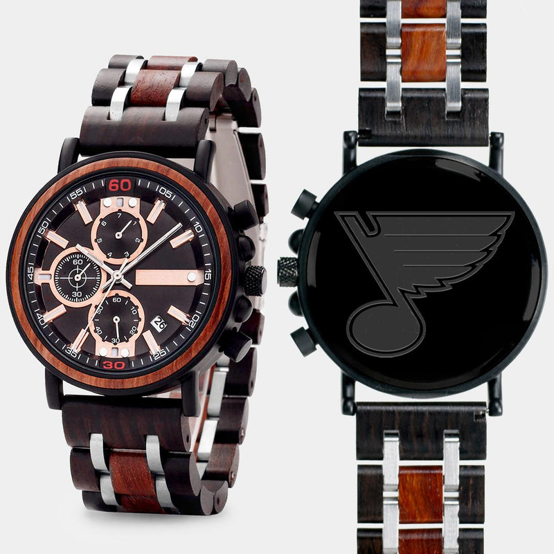 St Louis Blues Mens Wrist Watch  - Personalized St Louis Blues Mens Watches - Custom Gifts For Him, Birthday Gifts, Gift For Dad - Best 2022 St Louis Blues Christmas Gifts - Black 45mm NHL Wood Watch - By Engraved In Nature
