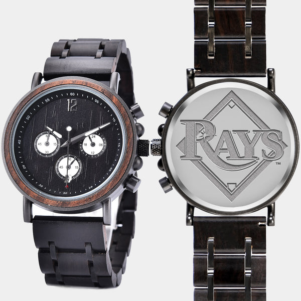 Tampa Bay Rays Mens Wrist Watch  - Personalized Tampa Bay Rays Mens Watches - Custom Gifts For Him, Birthday Gifts, Gift For Dad - Best 2022 Tampa Bay Rays Christmas Gifts - Black 45mm MLB Wood Watch - By Engraved In Nature