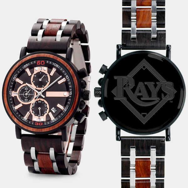 Tampa Bay Rays Mens Wrist Watch  - Personalized Tampa Bay Rays Mens Watches - Custom Gifts For Him, Birthday Gifts, Gift For Dad - Best 2022 Tampa Bay Rays Christmas Gifts - Black 45mm MLB Wood Watch - By Engraved In Nature