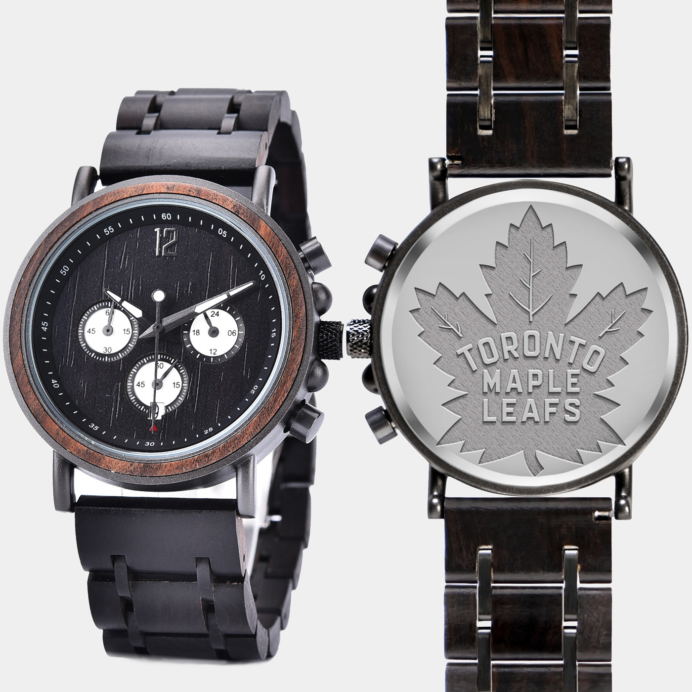 Toronto Maple Leafs Mens Wrist Watch  - Personalized Toronto Maple Leafs Mens Watches - Custom Gifts For Him, Birthday Gifts, Gift For Dad - Best 2022 Toronto Maple Leafs Christmas Gifts - Black 45mm NHL Wood Watch - By Engraved In Nature