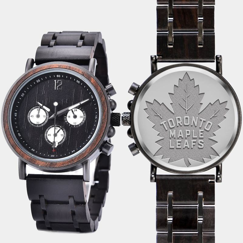 Toronto Maple Leafs Mens Wrist Watch  - Personalized Toronto Maple Leafs Mens Watches - Custom Gifts For Him, Birthday Gifts, Gift For Dad - Best 2022 Toronto Maple Leafs Christmas Gifts - Black 45mm NHL Wood Watch - By Engraved In Nature