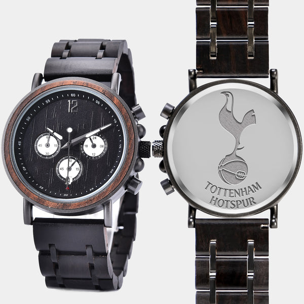Tottenham Hotspur F.C. Mens Wrist Watch  - Personalized Tottenham Hotspur F.C. Mens Watches - Custom Gifts For Him, Birthday Gifts, Gift For Dad - Best 2022 Tottenham Hotspur F.C. Christmas Gifts - Black 45mm FC Wood Watch - By Engraved In Nature