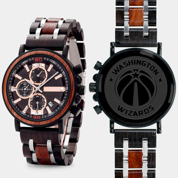 Washington Wizards Mens Wrist Watch  - Personalized Washington Wizards Mens Watches - Custom Gifts For Him, Birthday Gifts, Gift For Dad - Best 2022 Washington Wizards Christmas Gifts - Black 45mm NBA Wood Watch - By Engraved In Nature