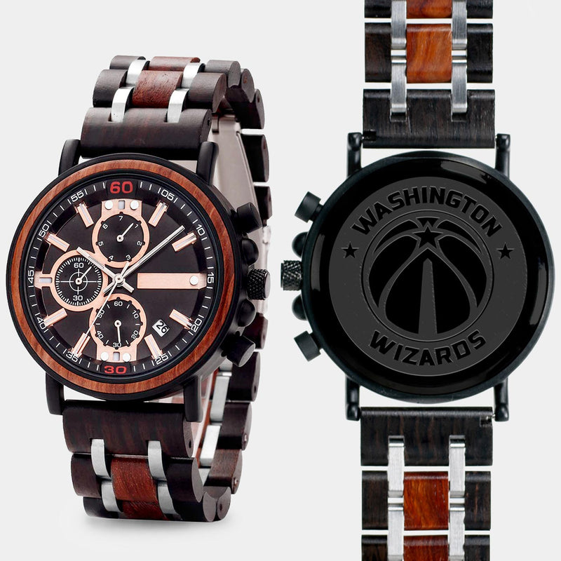 Washington Wizards Mens Wrist Watch  - Personalized Washington Wizards Mens Watches - Custom Gifts For Him, Birthday Gifts, Gift For Dad - Best 2022 Washington Wizards Christmas Gifts - Black 45mm NBA Wood Watch - By Engraved In Nature