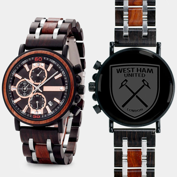 West Ham United F.C. Mens Wrist Watch  - Personalized West Ham United F.C. Mens Watches - Custom Gifts For Him, Birthday Gifts, Gift For Dad - Best 2022 West Ham United F.C. Christmas Gifts - Black 45mm FC Wood Watch - By Engraved In Nature