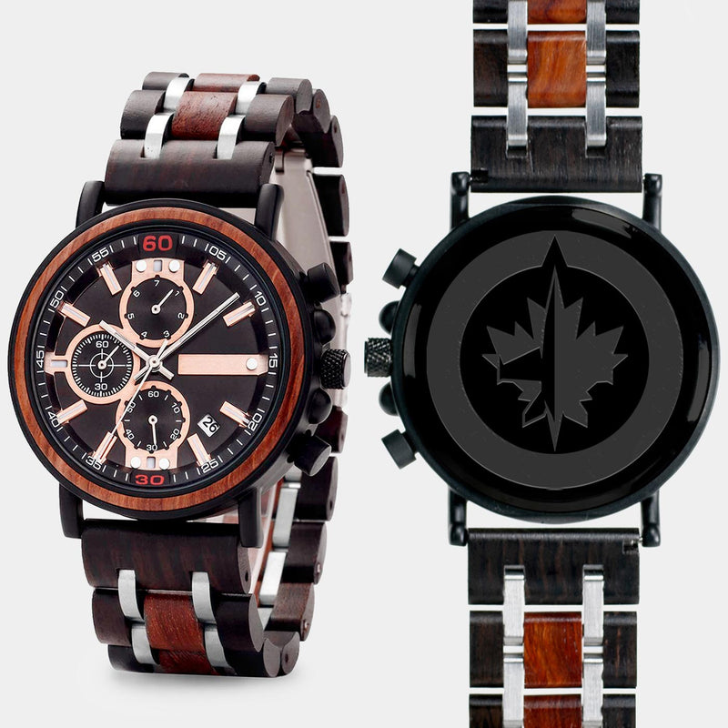 Winnipeg Jets Mens Wrist Watch  - Personalized Winnipeg Jets Mens Watches - Custom Gifts For Him, Birthday Gifts, Gift For Dad - Best 2022 Winnipeg Jets Christmas Gifts - Black 45mm NHL Wood Watch - By Engraved In Nature