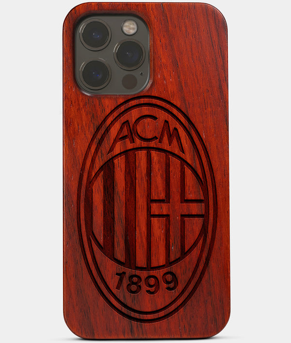 Carved Wood A.C. Milan iPhone 13 Pro Case | Custom A.C. Milan Gift, Birthday Gift | Personalized Mahogany Wood Cover, Gifts For Him, Monogrammed Gift For Fan | by Engraved In Nature