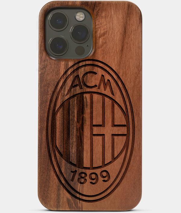 Carved Wood A.C. Milan iPhone 13 Pro Max Case | Custom A.C. Milan Gift, Birthday Gift | Personalized Mahogany Wood Cover, Gifts For Him, Monogrammed Gift For Fan | by Engraved In Nature
