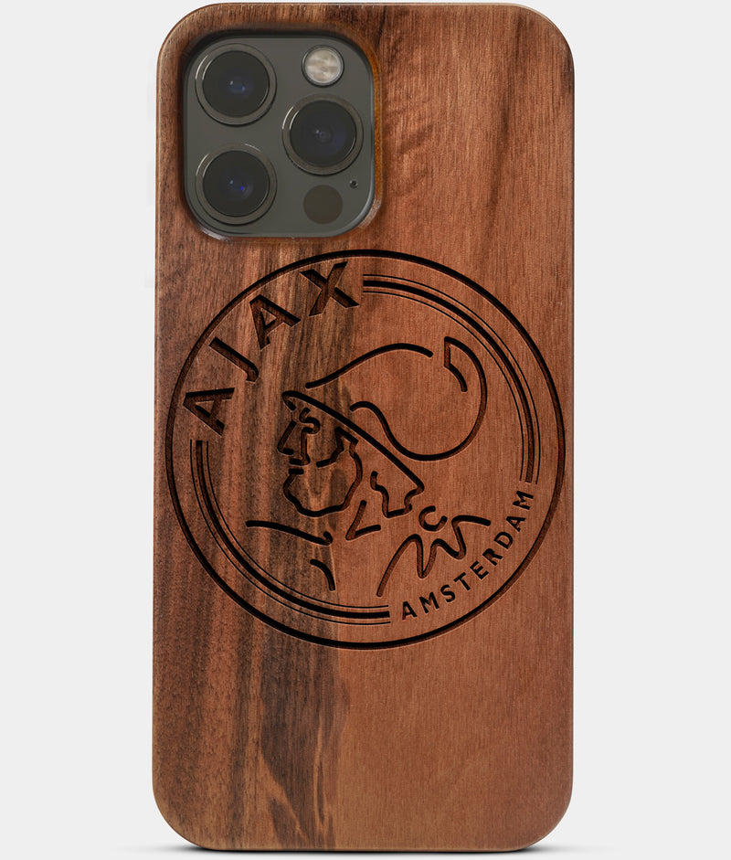 Carved Wood AFC Ajax iPhone 13 Pro Case | Custom AFC Ajax Gift, Birthday Gift | Personalized Mahogany Wood Cover, Gifts For Him, Monogrammed Gift For Fan | by Engraved In Nature