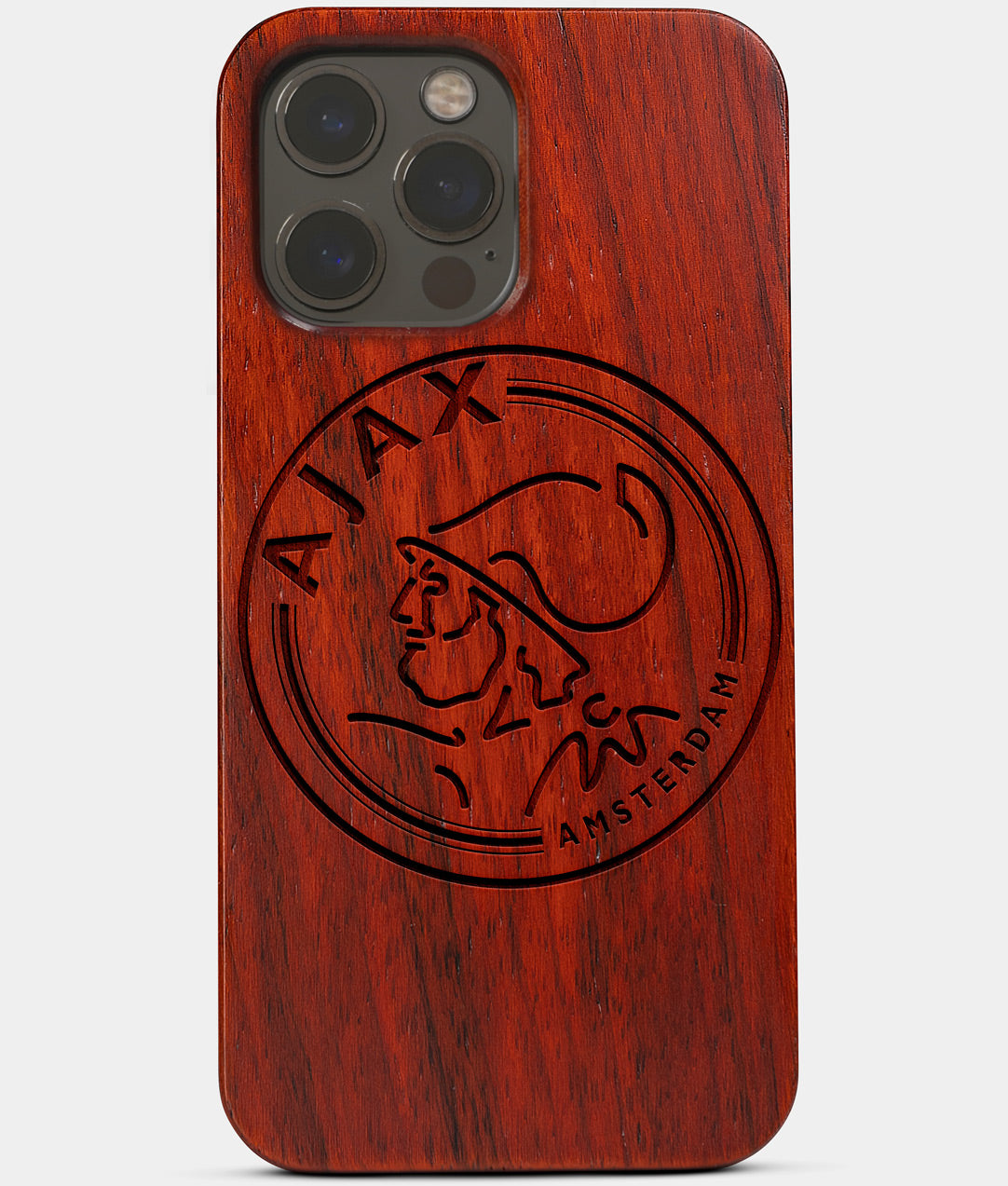 Carved Wood AFC Ajax iPhone 13 Pro Max Case | Custom AFC Ajax Gift, Birthday Gift | Personalized Mahogany Wood Cover, Gifts For Him, Monogrammed Gift For Fan | by Engraved In Nature