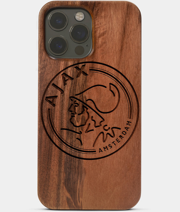 Carved Wood AFC Ajax iPhone 13 Pro Max Case | Custom AFC Ajax Gift, Birthday Gift | Personalized Mahogany Wood Cover, Gifts For Him, Monogrammed Gift For Fan | by Engraved In Nature