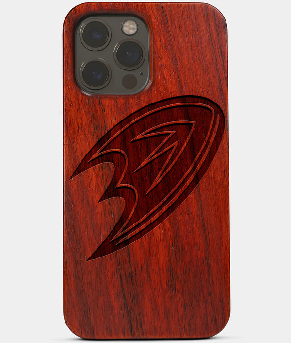 Carved Wood Anaheim Ducks iPhone 13 Pro Case | Custom Anaheim Ducks Gift, Birthday Gift | Personalized Mahogany Wood Cover, Gifts For Him, Monogrammed Gift For Fan | by Engraved In Nature