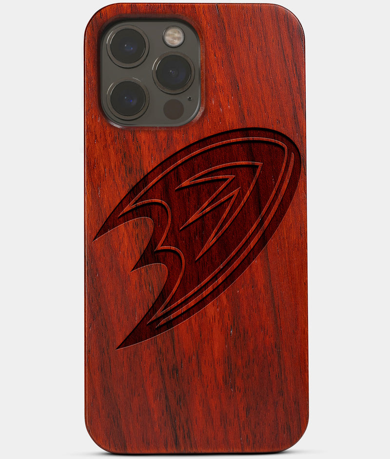 Carved Wood Anaheim Ducks iPhone 13 Pro Case | Custom Anaheim Ducks Gift, Birthday Gift | Personalized Mahogany Wood Cover, Gifts For Him, Monogrammed Gift For Fan | by Engraved In Nature
