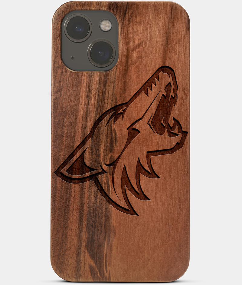 Carved Wood Arizona Coyotes iPhone 13 Case | Custom Arizona Coyotes Gift, Birthday Gift | Personalized Mahogany Wood Cover, Gifts For Him, Monogrammed Gift For Fan | by Engraved In Nature