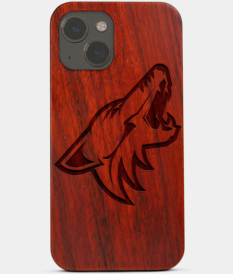 Carved Wood Arizona Coyotes iPhone 13 Mini Case | Custom Arizona Coyotes Gift, Birthday Gift | Personalized Mahogany Wood Cover, Gifts For Him, Monogrammed Gift For Fan | by Engraved In Nature