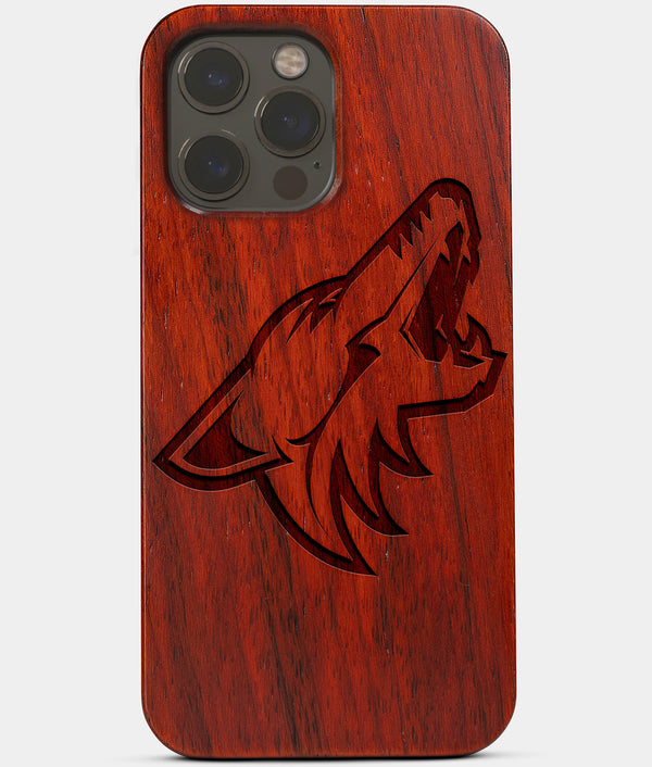 Carved Wood Arizona Coyotes iPhone 13 Pro Case | Custom Arizona Coyotes Gift, Birthday Gift | Personalized Mahogany Wood Cover, Gifts For Him, Monogrammed Gift For Fan | by Engraved In Nature