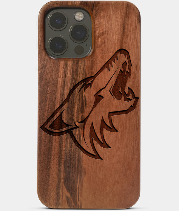 Carved Wood Arizona Coyotes iPhone 13 Pro Case | Custom Arizona Coyotes Gift, Birthday Gift | Personalized Mahogany Wood Cover, Gifts For Him, Monogrammed Gift For Fan | by Engraved In Nature