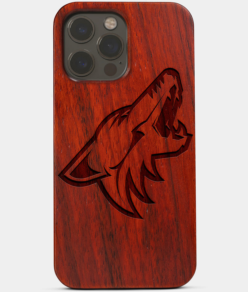 Carved Wood Arizona Coyotes iPhone 13 Pro Max Case | Custom Arizona Coyotes Gift, Birthday Gift | Personalized Mahogany Wood Cover, Gifts For Him, Monogrammed Gift For Fan | by Engraved In Nature