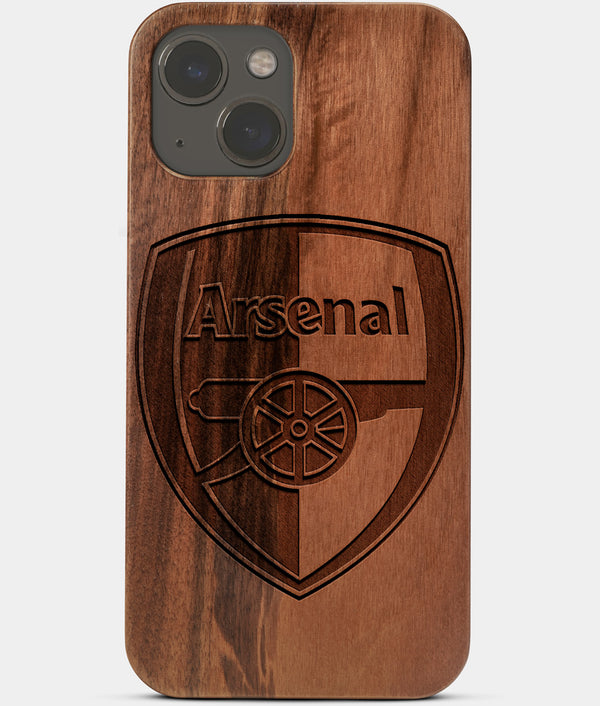 Carved Wood Arsenal F.C. iPhone 13 Mini Case | Custom Arsenal F.C. Gift, Birthday Gift | Personalized Mahogany Wood Cover, Gifts For Him, Monogrammed Gift For Fan | by Engraved In Nature