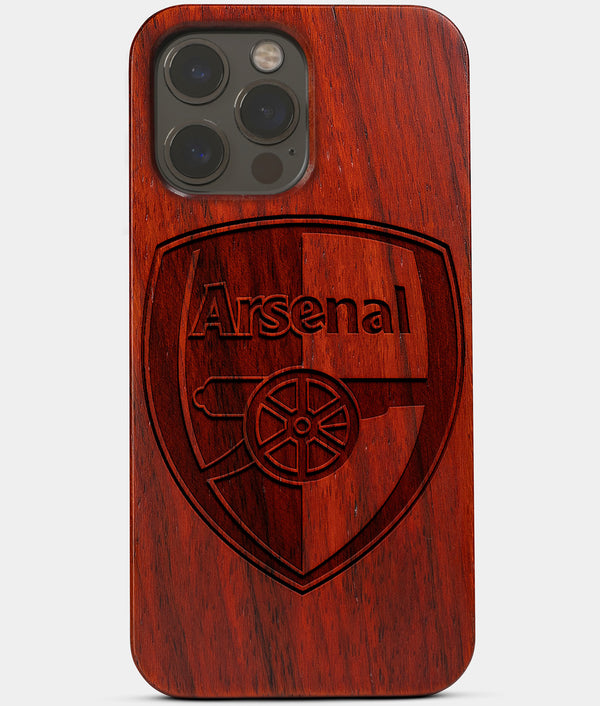 Carved Wood Arsenal F.C. iPhone 13 Pro Case | Custom Arsenal F.C. Gift, Birthday Gift | Personalized Mahogany Wood Cover, Gifts For Him, Monogrammed Gift For Fan | by Engraved In Nature