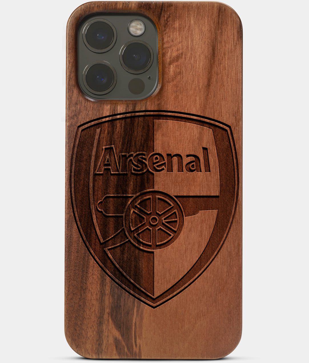 Carved Wood Arsenal F.C. iPhone 13 Pro Case | Custom Arsenal F.C. Gift, Birthday Gift | Personalized Mahogany Wood Cover, Gifts For Him, Monogrammed Gift For Fan | by Engraved In Nature