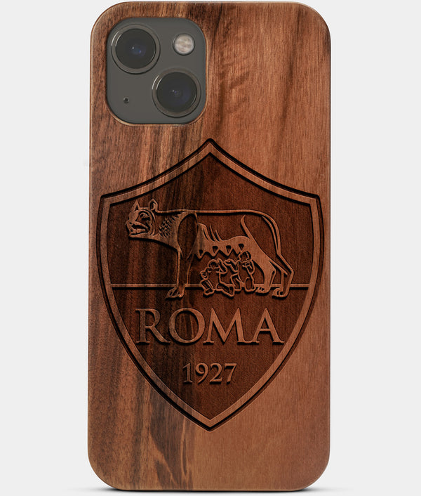 Carved Wood A.S. Roma iPhone 13 Case | Custom A.S. Roma Gift, Birthday Gift | Personalized Mahogany Wood Cover, Gifts For Him, Monogrammed Gift For Fan | by Engraved In Nature