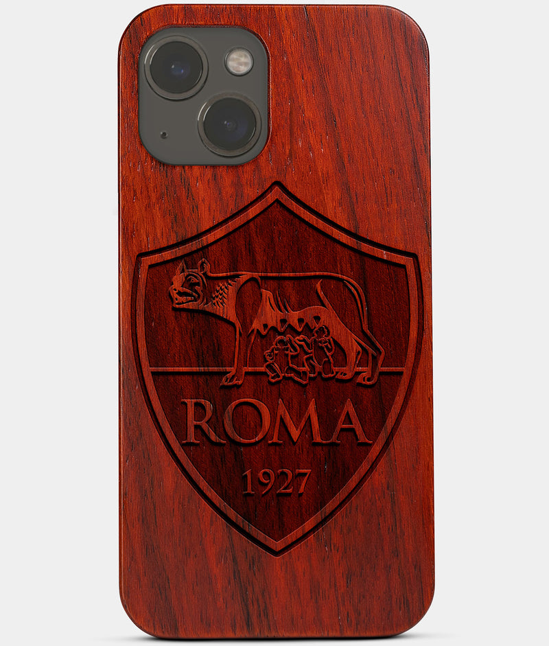 Carved Wood A.S. Roma iPhone 13 Mini Case | Custom A.S. Roma Gift, Birthday Gift | Personalized Mahogany Wood Cover, Gifts For Him, Monogrammed Gift For Fan | by Engraved In Nature