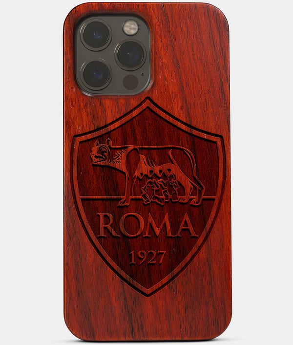 Carved Wood A.S. Roma iPhone 13 Pro Case | Custom A.S. Roma Gift, Birthday Gift | Personalized Mahogany Wood Cover, Gifts For Him, Monogrammed Gift For Fan | by Engraved In Nature