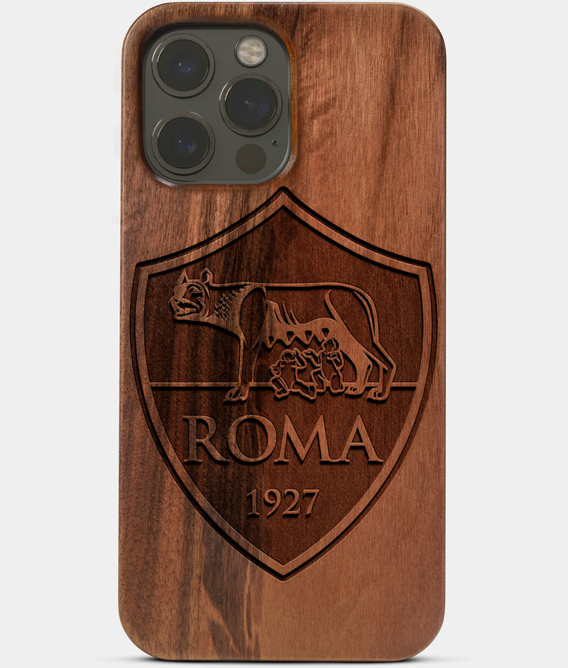 Carved Wood A.S. Roma iPhone 13 Pro Case | Custom A.S. Roma Gift, Birthday Gift | Personalized Mahogany Wood Cover, Gifts For Him, Monogrammed Gift For Fan | by Engraved In Nature