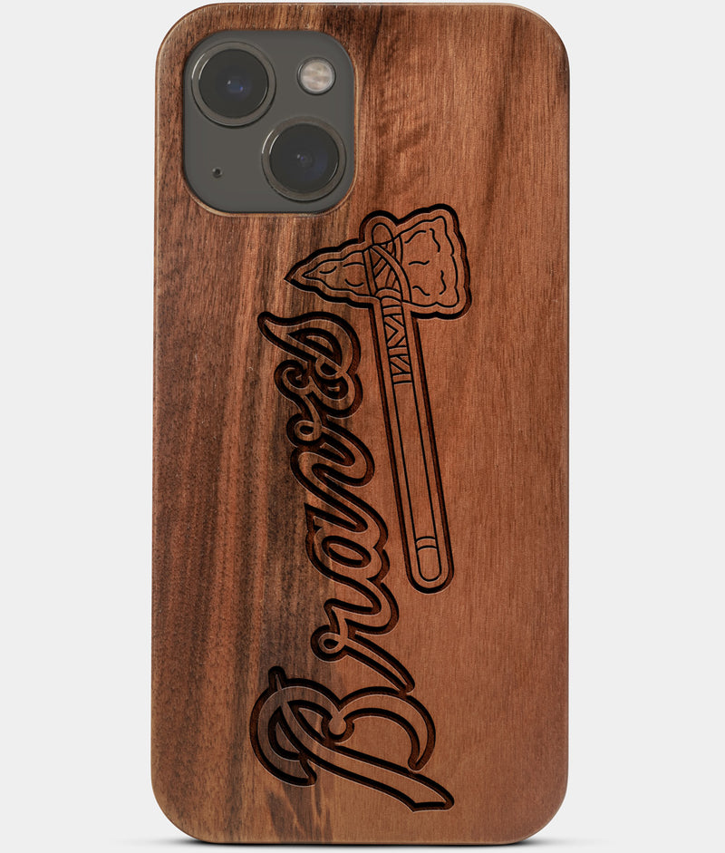 Carved Wood Atlanta Braves iPhone 13 Case | Custom Atlanta Braves Gift, Birthday Gift | Personalized Mahogany Wood Cover, Gifts For Him, Monogrammed Gift For Fan | by Engraved In Nature