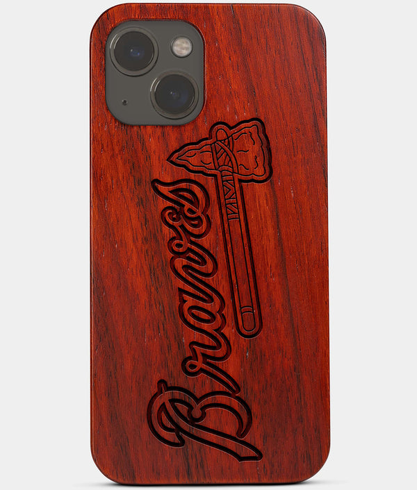 Carved Wood Atlanta Braves iPhone 13 Mini Case | Custom Atlanta Braves Gift, Birthday Gift | Personalized Mahogany Wood Cover, Gifts For Him, Monogrammed Gift For Fan | by Engraved In Nature