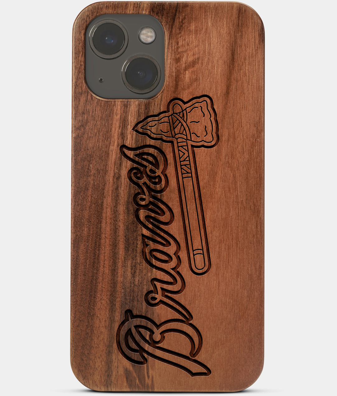 Carved Wood Atlanta Braves iPhone 13 Mini Case | Custom Atlanta Braves Gift, Birthday Gift | Personalized Mahogany Wood Cover, Gifts For Him, Monogrammed Gift For Fan | by Engraved In Nature
