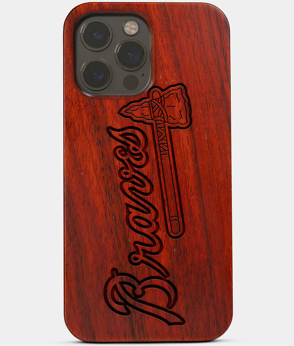 Carved Wood Atlanta Braves iPhone 13 Pro Max Case | Custom Atlanta Braves Gift, Birthday Gift | Personalized Mahogany Wood Cover, Gifts For Him, Monogrammed Gift For Fan | by Engraved In Nature