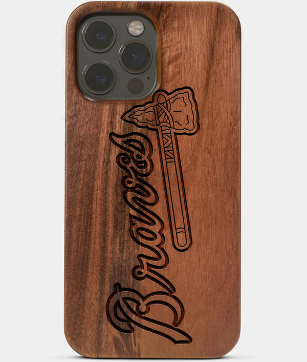 Carved Wood Atlanta Braves iPhone 13 Pro Max Case | Custom Atlanta Braves Gift, Birthday Gift | Personalized Mahogany Wood Cover, Gifts For Him, Monogrammed Gift For Fan | by Engraved In Nature