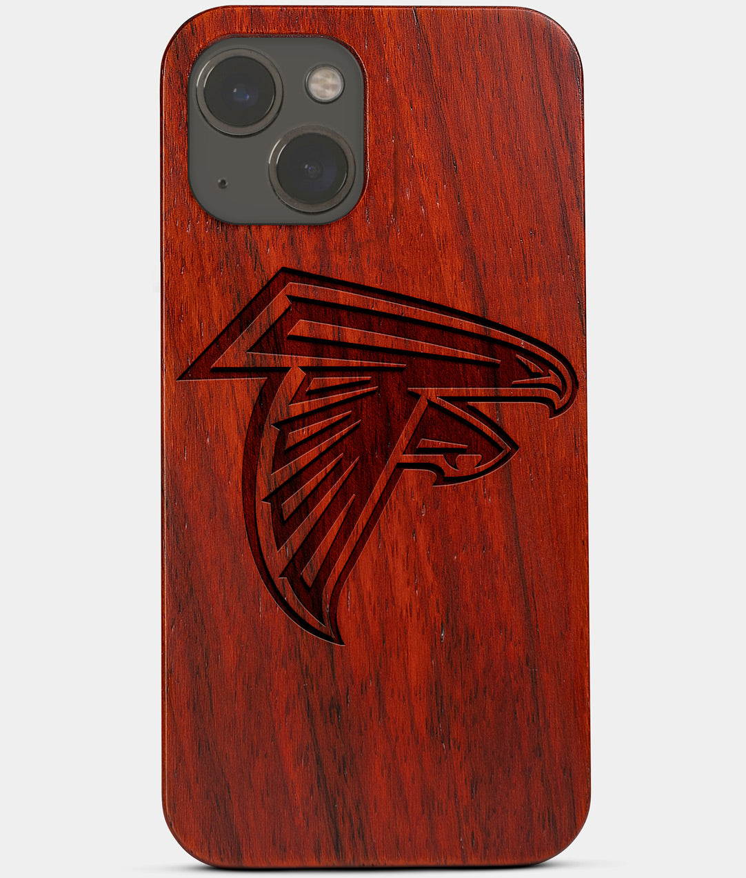 Carved Wood Atlanta Falcons iPhone 13 Mini Case | Custom Atlanta Falcons Gift, Birthday Gift | Personalized Mahogany Wood Cover, Gifts For Him, Monogrammed Gift For Fan | by Engraved In Nature
