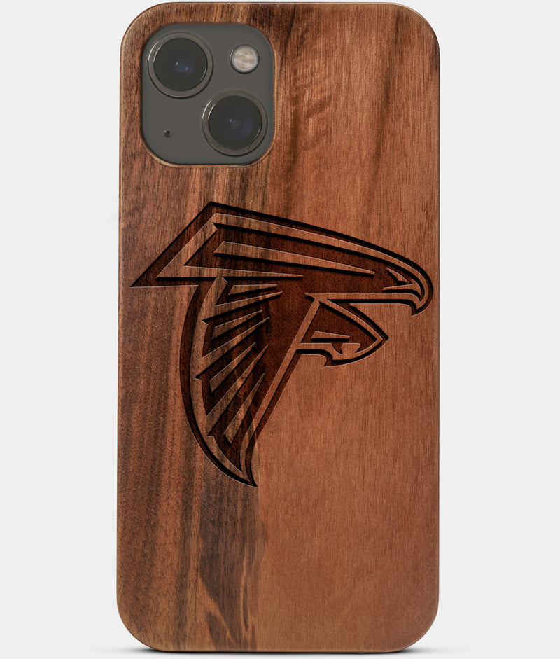 Carved Wood Atlanta Falcons iPhone 13 Mini Case | Custom Atlanta Falcons Gift, Birthday Gift | Personalized Mahogany Wood Cover, Gifts For Him, Monogrammed Gift For Fan | by Engraved In Nature