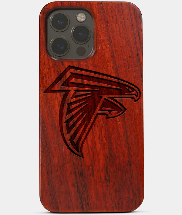 Carved Wood Atlanta Falcons iPhone 13 Pro Case | Custom Atlanta Falcons Gift, Birthday Gift | Personalized Mahogany Wood Cover, Gifts For Him, Monogrammed Gift For Fan | by Engraved In Nature