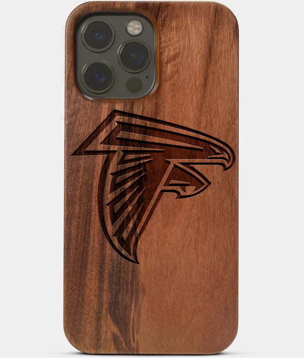 Carved Wood Atlanta Falcons iPhone 13 Pro Case | Custom Atlanta Falcons Gift, Birthday Gift | Personalized Mahogany Wood Cover, Gifts For Him, Monogrammed Gift For Fan | by Engraved In Nature