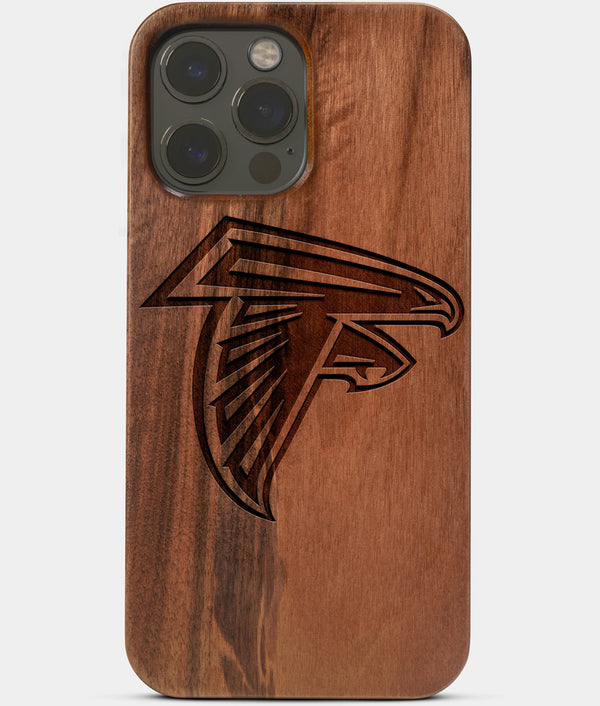 Carved Wood Atlanta Falcons iPhone 13 Pro Max Case | Custom Atlanta Falcons Gift, Birthday Gift | Personalized Mahogany Wood Cover, Gifts For Him, Monogrammed Gift For Fan | by Engraved In Nature