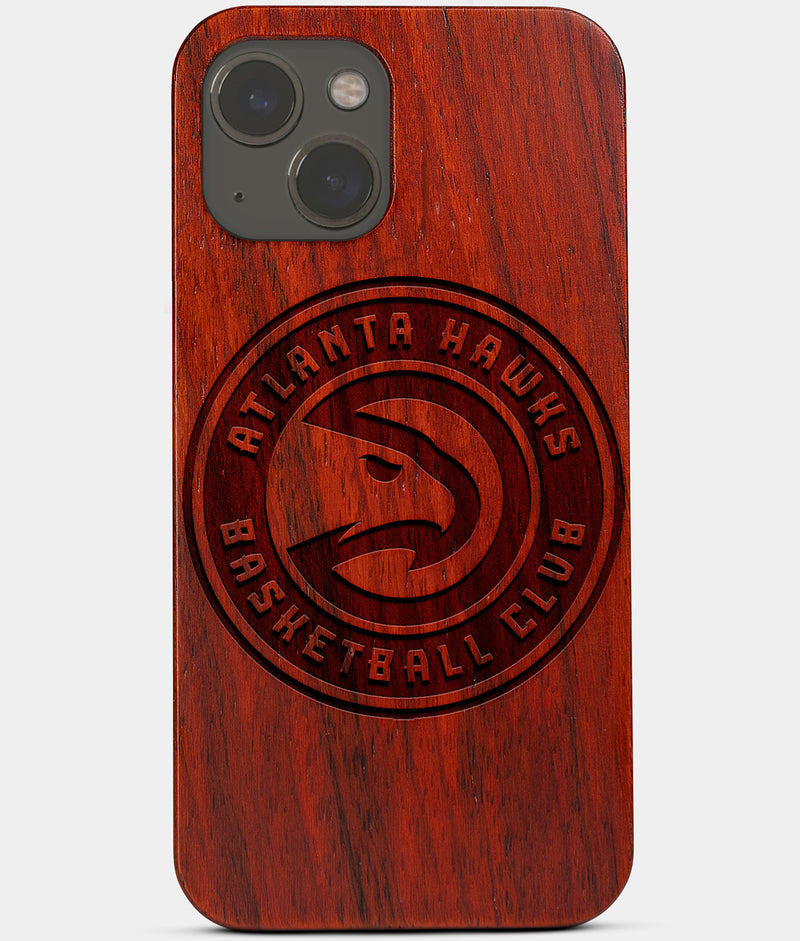 Carved Wood Atlanta Hawks iPhone 13 Case | Custom Atlanta Hawks Gift, Birthday Gift | Personalized Mahogany Wood Cover, Gifts For Him, Monogrammed Gift For Fan | by Engraved In Nature