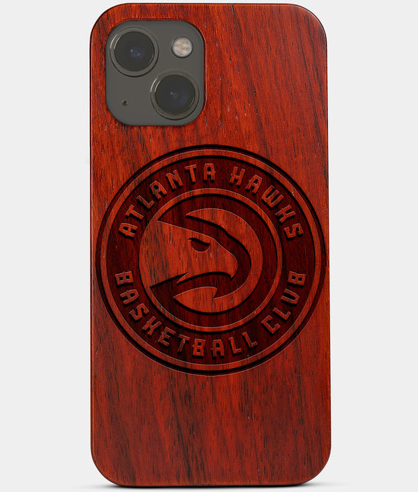 Carved Wood Atlanta Hawks iPhone 13 Mini Case | Custom Atlanta Hawks Gift, Birthday Gift | Personalized Mahogany Wood Cover, Gifts For Him, Monogrammed Gift For Fan | by Engraved In Nature