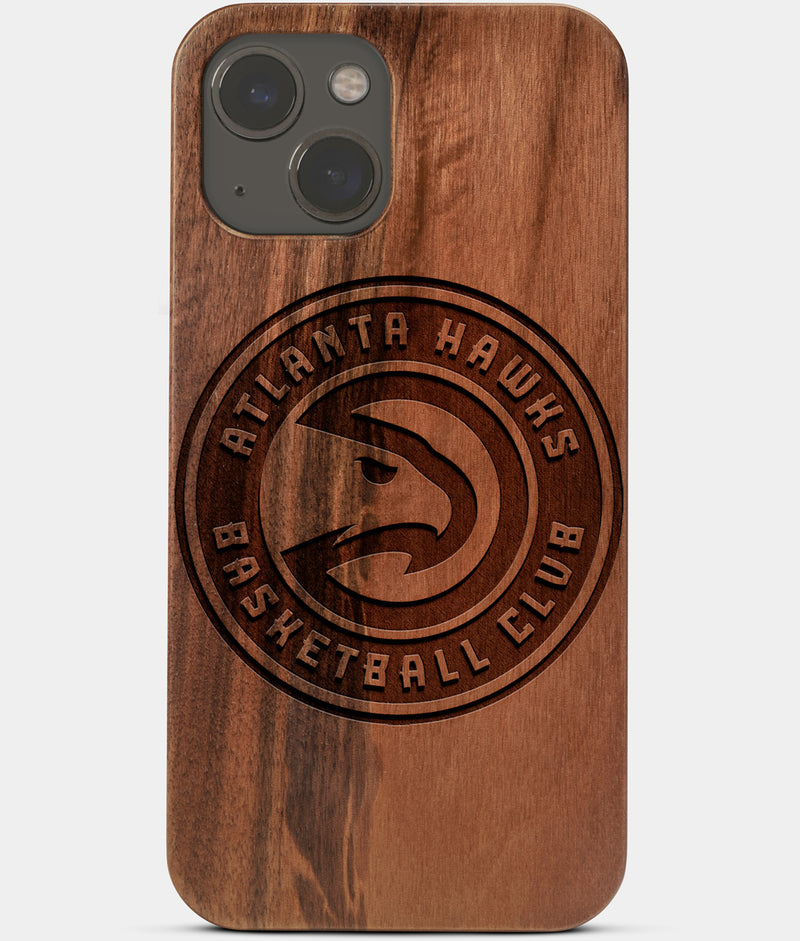 Carved Wood Atlanta Hawks iPhone 13 Mini Case | Custom Atlanta Hawks Gift, Birthday Gift | Personalized Mahogany Wood Cover, Gifts For Him, Monogrammed Gift For Fan | by Engraved In Nature